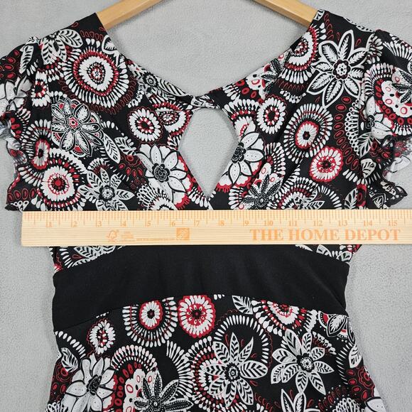 Vtg Y2K Wrapper Babydoll Blouse Womens Small Floral Black White Red Tie Back - Picture 9 of 13